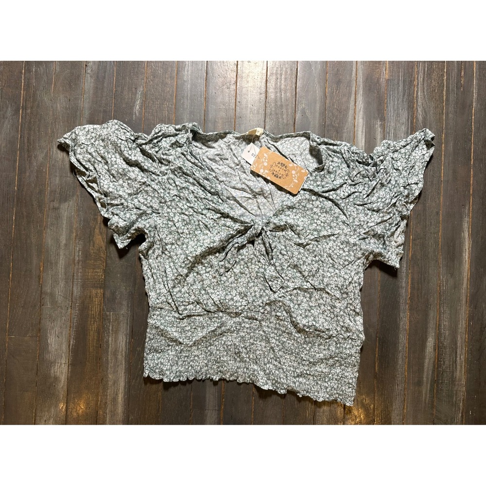 Mason & Belle Sage Green Floral Smocked Waist Tie Front Blouse